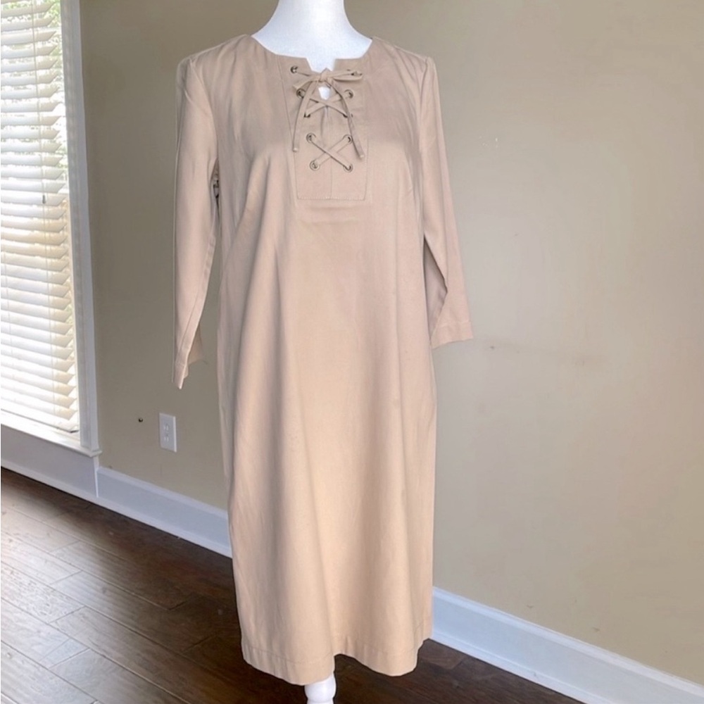 Talbots Shift Dress in Khaki. Tencel blend. Size zipper. Versatile. NWOT. Size 2